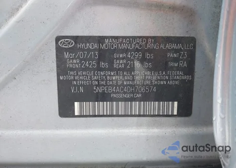 2013 Hyundai Sonata Gls z USA, uszkodzony, nr VIN 5NPEB4AC4DH706574
